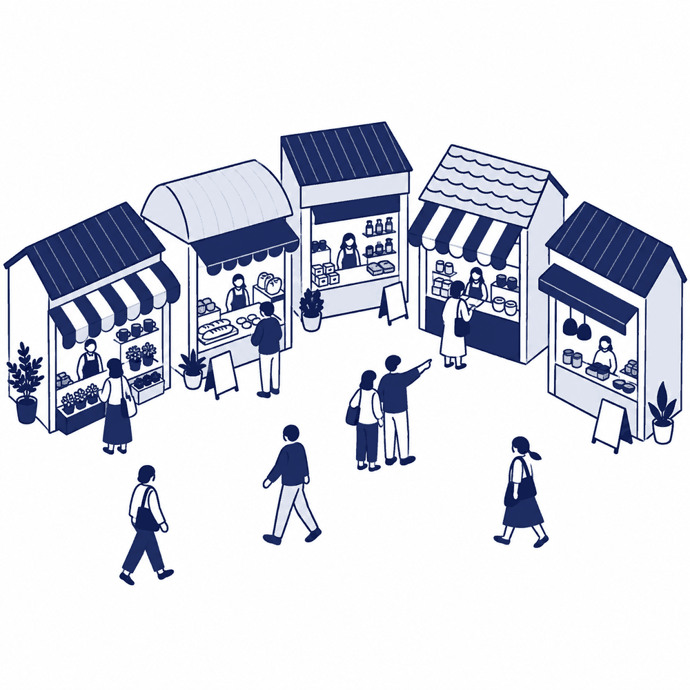 形の違う小さな店が並ぶ横丁。店ごとに店主がいて、そのあいだを人が歩いて回っている